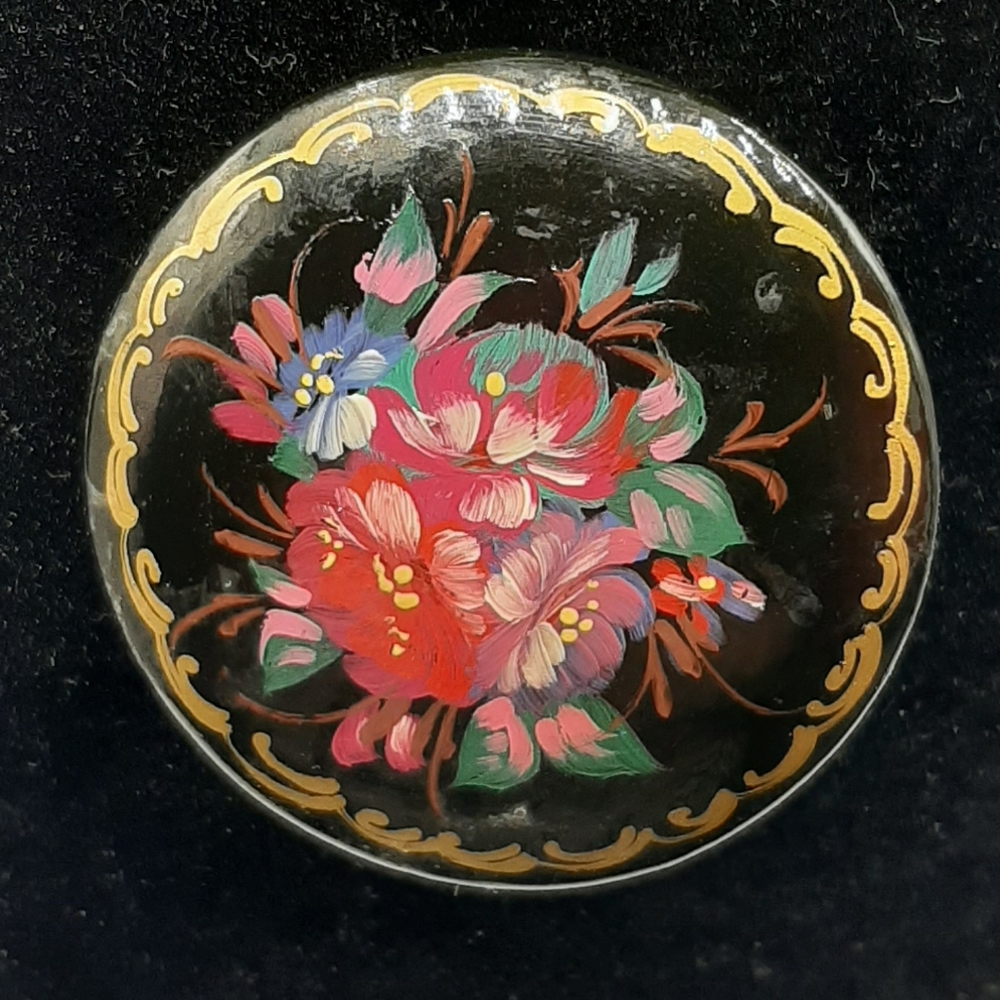 Vintage Handmade Wooden Brooch Hand Painted Round Signed Black Floral